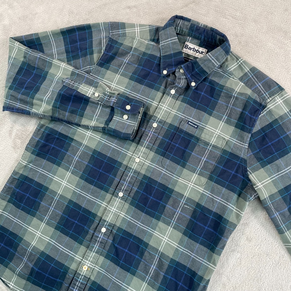 Barbour Tailored Fit Shirt‎ Men Small Blue Grey Plaid Casual Stretch Logo Preppy